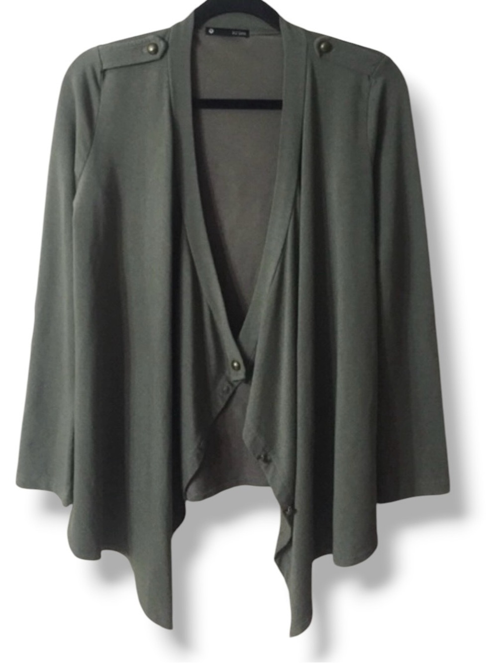 KRISA Green Draped-Front Cardigan Epaulette Detail Elbow Patches Size Small